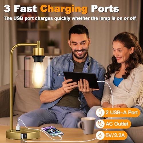Nintiue Industrial Touch Table Lamps Set of 2-2 USB Ports & AC Outlet Nightstand Lamps, 3-Way Dimmable Bedside Desk Lamp for Living Room Bedroom, Glass Shade & 2 LED Bulbs Included - Brass