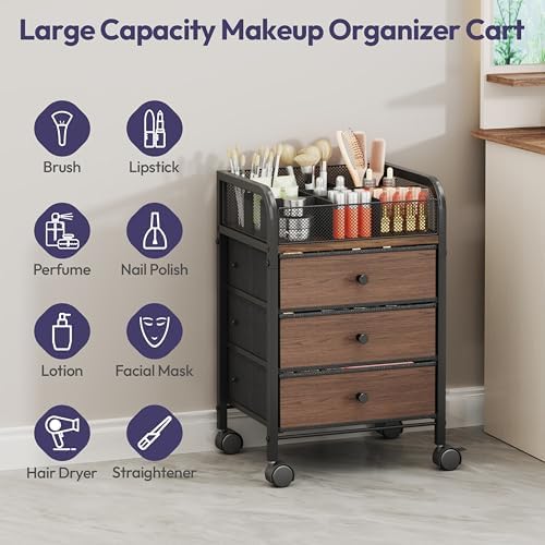 SWTYMIKI Rolling Makeup Organizer Cart - 14.96″*11.81″*23.03″ Widened Under Desk Vanity Storage with 3 Non-woven Drawers, Cosmetic Display Cases for Skin Care Perfume Nail Polish Brush Hair Tool Black