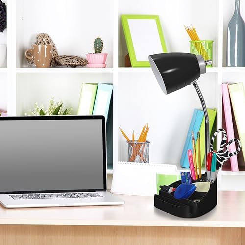 Simple Designs LD1093-BLK 18.5" All-in-One Gooseneck Desk Lamp with iPad Stand, Book Holder, and Convenient USB Port, for Office, Bedroom, Living Room, Black