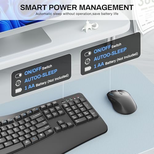 Wireless Keyboard and Mouse Combo,2.4G Full Size Ergonomic Wave Keys(Gray)