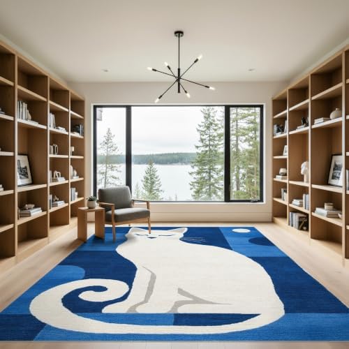 9'x12' Blue White Cat Sapphire Design Washable Area Rug