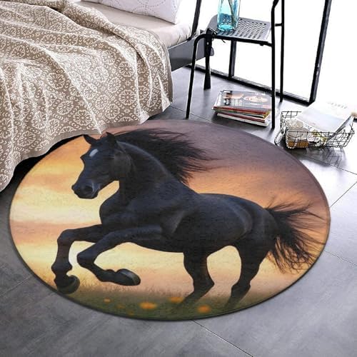 Soft Round Yoga Carpet, Large Home Decor Mat, Non Slip Machine Washable Kitchen Office Circle Rug 3D Horse Print
