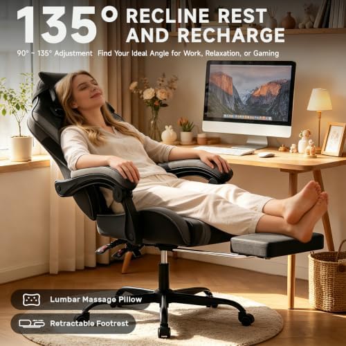 Ergonomic Gaming Chair,A Versatile 3-in-1 Video Game Chair for Work, Study, and Gaming,Features an Adjustable Backrest, Footrest, and Linked Armrests Office Chair for Adults,BlackGrey