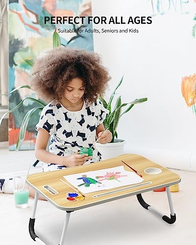 FISYOD Foldable Laptop Table, Portable Lap Desk Bed Table Tray, Laptop Stand with Cup Holder & Tablet Slot & Lifting Handle for Working Writing Drawing & Eating (Wood)