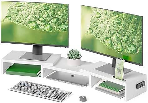 BONTEC Dual Monitor Stand Riser, Adjustable Length & Swivel Angle, White
