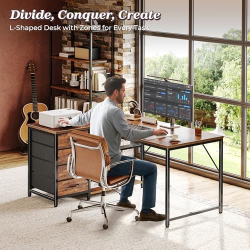 PRAISUN 43.3" Small L Shaped Desk with Power Outlets & 4 Drawers