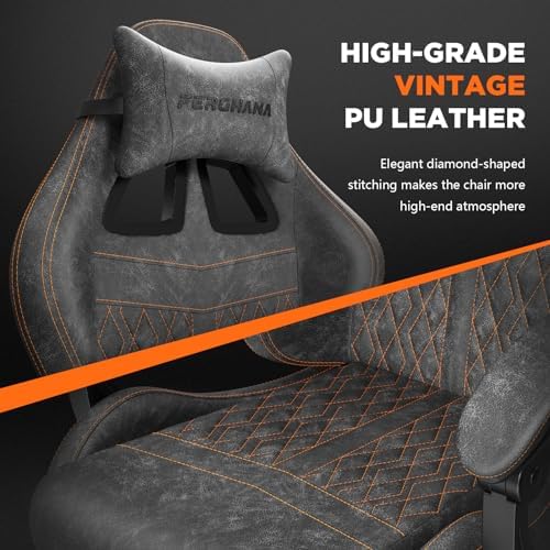 Ferghana Vintage PU Leather Gaming Chair, High Back Gamer Chair with Massage, Ergonomic Computer Office Chair with Footrest for Adults, Racing Style Reclining Video Game Chair Steel Gray