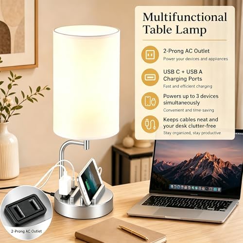 Dreamholder Touch Control USB Table Lamp with USB C/A & AC Outlet, 3-Way Dimmable Bedside Lamp, Modern Nightstand Lamps for Bedroom Living Room Guest Room Office, Bulb Included, Silver