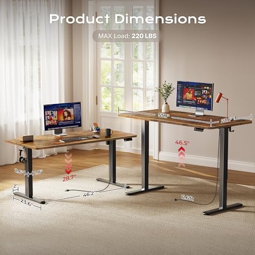 Huuger 55 X 24 Inch Electric Standing Desk with Power Outlets and USB-C Port, Height Adjustable Desk, Sit Stand Desk for Home Office, Computer & Gaming Desk, Stable Steel Frame, Rustic Brown