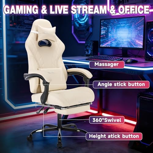 Gaming Chair with Footrest and Massage Lumbar Support, Ergonomic Computer Gamer Chair, Office Video Game Chairs with Adjustable Height and Backrest (Beige)