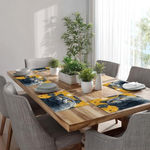 Batmerry Cute Cat Placemats, Gray Yellow Background Big Eyes Washable Linen Table Mats for Kitchen Table Double Insulation Decor Dining Set Indoor Outdoor 12X18 in Set of 8