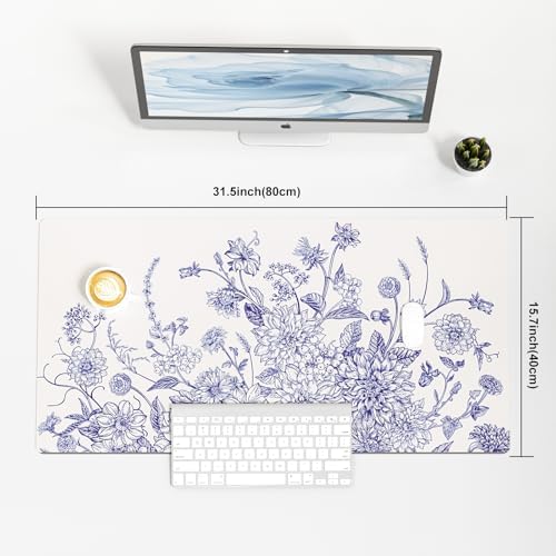 Colorful Star Large Mouse Pad, Floral Desk Mat Office Supplies, Waterproof Faux Leather Big Gaming Mousepad for Women Girls, Vintage Blue Flowers Desk Pad Home Office Décor Accessories 31.5" x 15.7"
