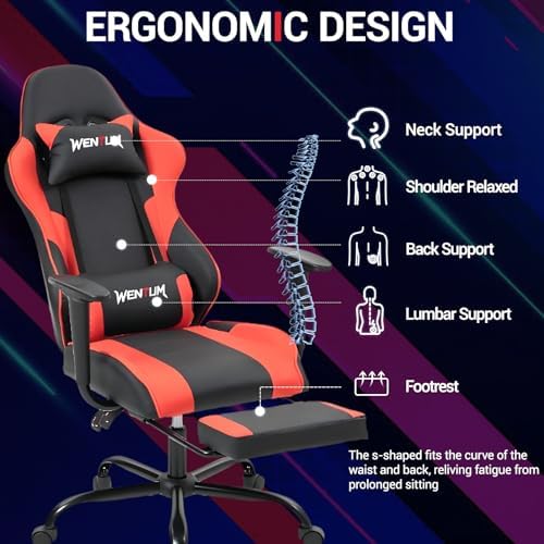 Gaming Chair with Footrest and Massage, PU Leather Video Game Computer Chair with Lumbar Support for Men Women, Home Office, Height Adjustable, Ergonomic High Back, Red