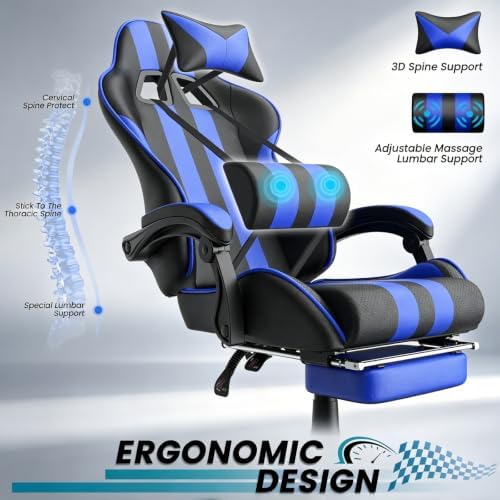 Ferghana Navy Gaming Chair, Ergonomic Racing Style Computer Chair with Footrest, Adjustable Reclining, Lumbar and Head Support, PU Leather Gamer Chair