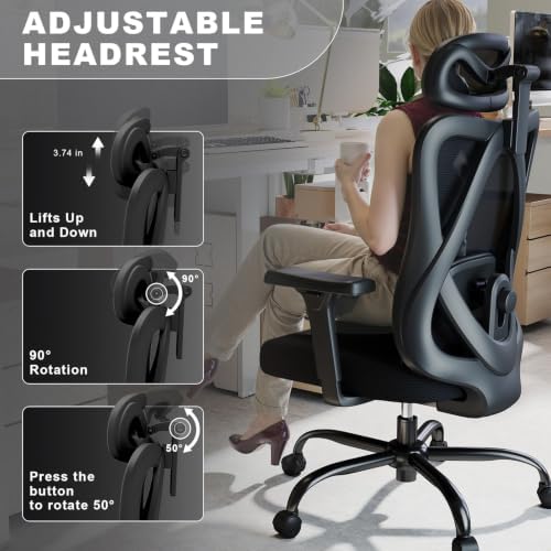Mesh Office Chair with Headrest, Lumbar Support, 3D Arms, Wide Seat