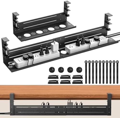 Under Desk Cable Management Tray - 18-29in Retractable Iron Cord Organizer, No-Drill Installation with Anti-Slip Pads, Desk Cable Tray for Office, Gaming,Standing Desks(Black)