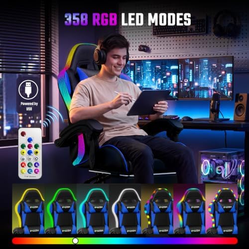 Bigzzia LED Gaming Chair with Footrest, Lumbar Massage for Adult/Kid（Blue）