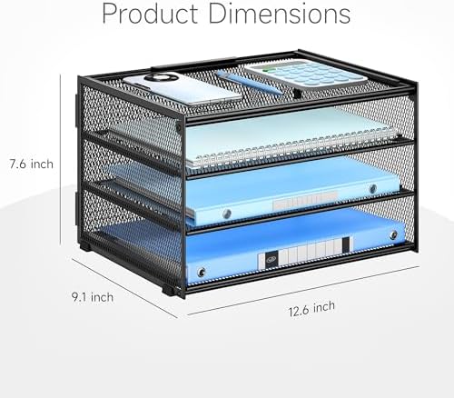 Lavatino 3-Tier Letter Tray Desk Paper Organizer – Black Mesh Metal File Tray Organizer for Desk, Office Supplies & Home Organization | Fits A4/Letter Paper, Mail, Magazines and Office Accessories
