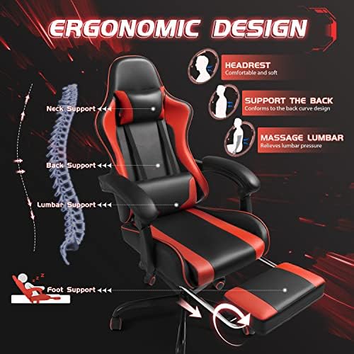 Shahoo Gaming Chair, Video Gaming Chair with Footrest and Lumbar Support, Ergonomic Computer Chairs with 360° Swivel and Height Adjustable, Spin Chair with Headrest for Home Office, Study Room (Red)