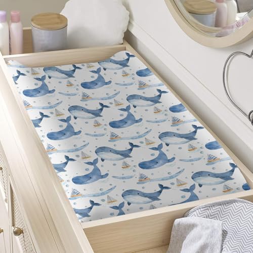Watercolor Sea Animals Boats Pattern Baby Changing Pad Cover, Unisex Ocean Whale Nursery Diaper Changing Table Pad Mat Sheet for Boys Girls-16x32