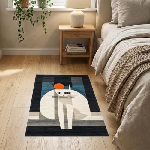 2'x3' Black White Cat Artistic Feline Design Washable Throw Rug