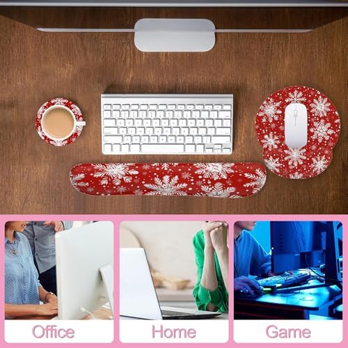 Christmas Snowflakes Keyboard Wrist Rest Pad and Mouse Pad Wrist Support Set,3-in-1 Ergonomic Mouse Pad with Non-Slip Rubber Base for Home Office Game Computers Desk,