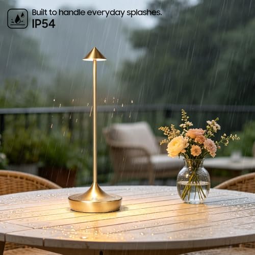 Cordless LED Table Lamp, Rechargeable, 3 Color Dimmable, Gold