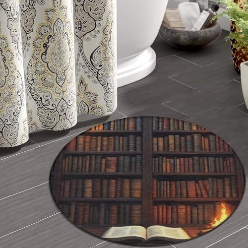 Women's Large Home Decor Mat, Soft Round Yoga Carpet, Non Slip Machine Washable Home Office Circle Rug Vintage Bookshelf Library Books