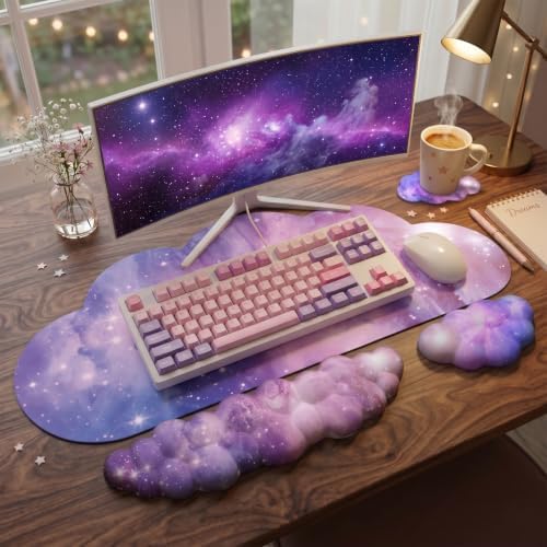 Cloud Mouse Pad Keyboard Wrist Rest for Mouse 4PCS Extended Large Desk Mat Pad Set Memory Foam Non-Slip Cute Ergonomic Gaming Mouse Wrist Support for Computer Home Office Purple Galaxy Space