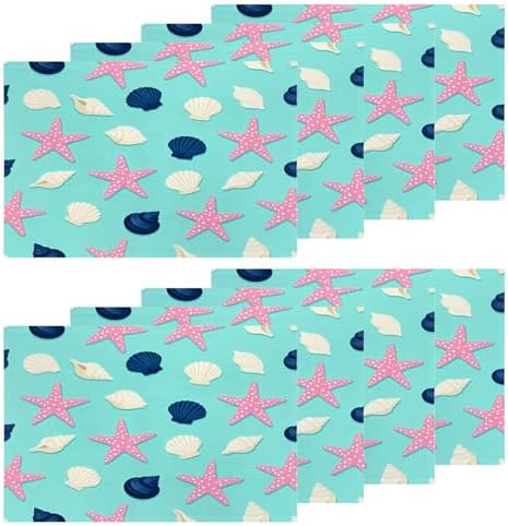 Shrahala Coastal Nautical Set of 8 12 X 18 Inch Linen Placemats, Repeat Pattern Seashells Red Burlap Table Mat Washable Double Layered Heat Insulation for Indoor/Outdoor