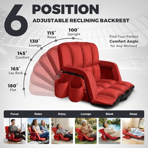 Stadium Seats with Back Support Wide, 4.7" Padded Bleacher Seat, 6-Position Reclining Bleacher Chairs with Back and Cushion, Sofa Style Ergonomic Design for Sports Games Baseball Football (22.5"Red)