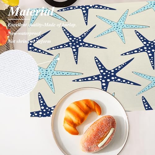 Shrahala Coastal Nautical Set of 8 12 X 18 Inch Linen Placemats, Blue Navy Sea Star Seamless Beach Turquoise Starfish Burlap Table Mat Washable Double Layered Heat Insulation for Indoor/Outdoor