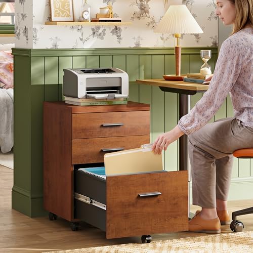 DEVAISE 3 Drawer File Cabinet, Wood Under Desk Filing Cabinet, Walnut