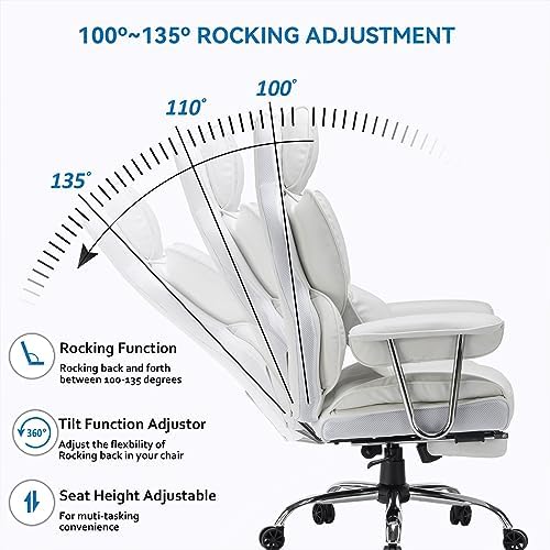 Efomao Big and Tall Office Chair 400lbs, Executive PU Leather Desk Chair with Footrest & Lumbar Support, Heavy Duty Computer Seating for Home, White