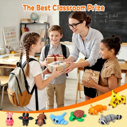 VZZNN 64pcs Mini 3D Printed Animals Bulk, 3D Printed Articulated Flexible Fidget Toy, Cute Little Animal Figurines Toy for Kids and Adults, Office, Desk, Party Favors, Decor