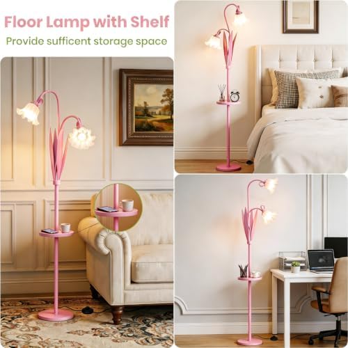 Pink Flower Floor Lamp with Table, Adjustable Floral Standing Lamp for Girl