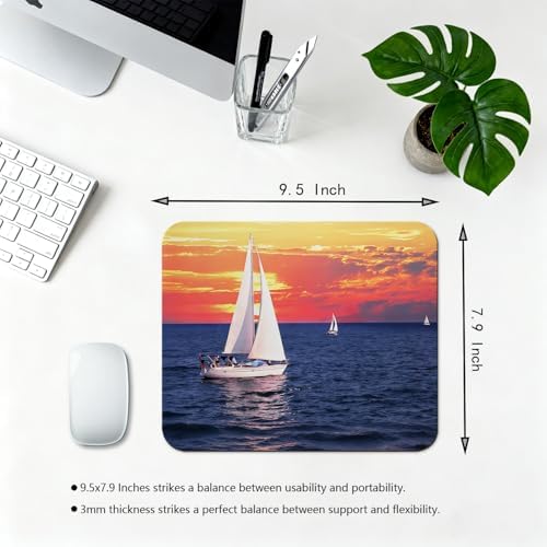 9.5x7.9 Inch Office/Gaming Mouse Pad, Nautical Sailboat on Expansive Ocean Serene Voyage at Sunset Colored Sky Tranquil Horizon Scenery, Cute Anti-Slip Mat for Desk Decor
