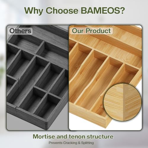 BAMEOS Bamboo Flatware Organizer 16.5×12.8 –Silverware Tray for Small Kitchen Drawers, 2" H Cutlery Holder | Forks, Spoons, Knives
