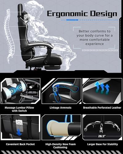 Yaheetech Gaming Chair with Footrest Massage Lumbar Pillow Black and White