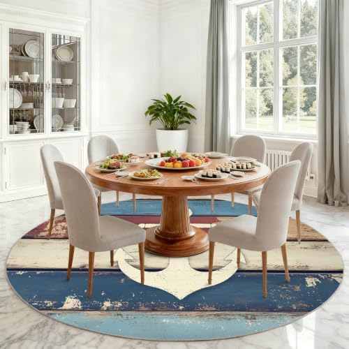 Nautical Round Rug - 2ft Small Navigational Anchor Round Area Rug for Entryway, Ocean Theme Circle Rugs Washable Non-Slip Carpet for Bathroom Bedside Kitchen Decor Mat