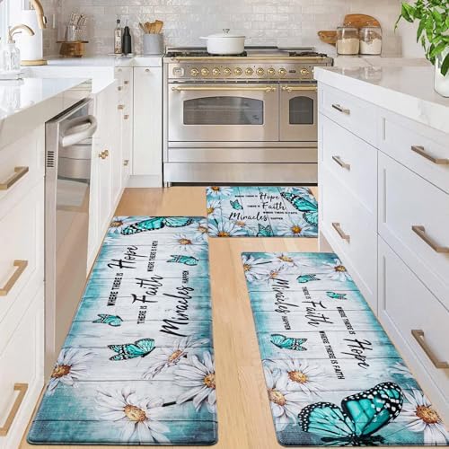 Likiyol Butterfly Floral Kitchen Mats for Farmhouse, Non Slip, Washable Anti Fatigue Mats - White Daisy Rugs, 18'' x 30'' + 18'' x 48'' + 18'' x 60''