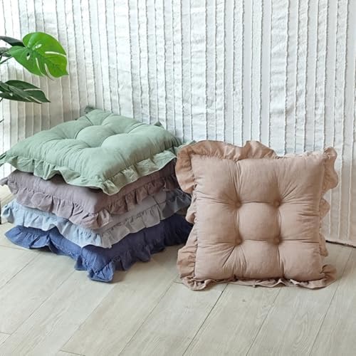 Tufted Cotton Chair Cushions Set of 2 Solid Color Soft Comfort Chair Pads with Ruffles Farmhouse Country Seat Cushions for Kitchen Indoor Dining Room Patio Chairs (Khaki,17"x17")