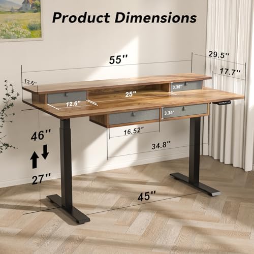 FiCiHi 55x30Inch Standing Desk with Drawers,Electric Height Adjustable Desk