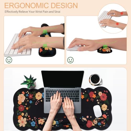 Petmolico Desk Pad Set with Wrist Rest for Keyboard & Mouse, Black Floral