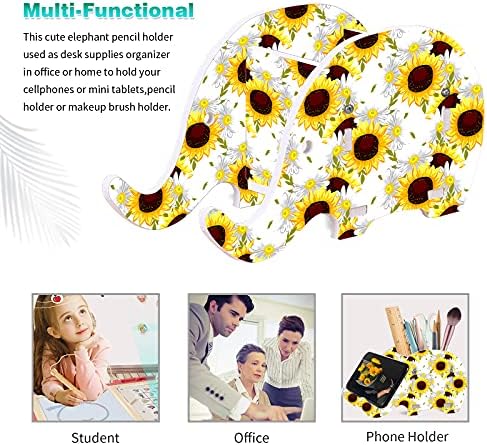 Cute Desk Accessories Set, Wooden Plastic Elephant Pen Pencil Holder Office Desk Decor Supplies Organizer, Multi-Function Phone Bracket Stand, Wrist Support Pad & Cup Coaster, Bright Sunflower
