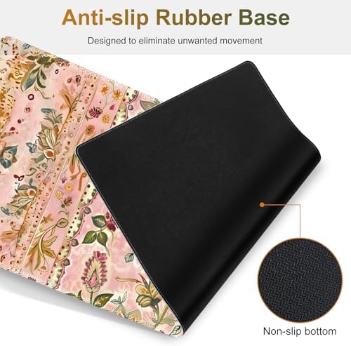 Desk Mat Gaming Mouse Pad, Cute Desk Matt Keyboard Wrist Rest for Desktop, Anti-Slip Mousepad w/Stitched Edges, XXL Large Mouse Pad with Wrist Support for Desk Computer I Pink Retro Flower Vine
