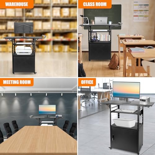 Large Mobile AV Cart with Locking Cabinet and Drop Leaves, Height Adjustable Steel AV Cart with Wheels and Power, Rolling Computer Cart with Pullout Keyboard Tray for Office, Warehouse &Classroom