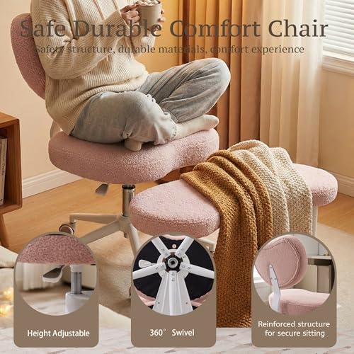 Cross Legged Chair, Meditation Chair Plus with 360° Swivel Wheels for ADHD/Fidgety Sitters, Height Adjustable & Ergonomic Lumbar Support, Teddy Fabric, Pink Home Office Furniture