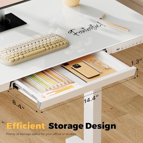 32" Glass Standing Desk with Drawer, Small Electric Desk