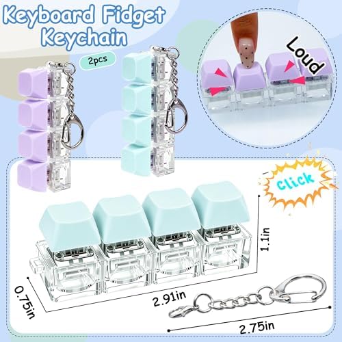 2 PCS Keyboard Fidget Toy, Keyboard Fidget Keychain 4-in-1 Keyboard Decompression Button Finger Clicker Toys, Button Stress Relief Fidget Gifts to Relief Stress (Purple Blue)